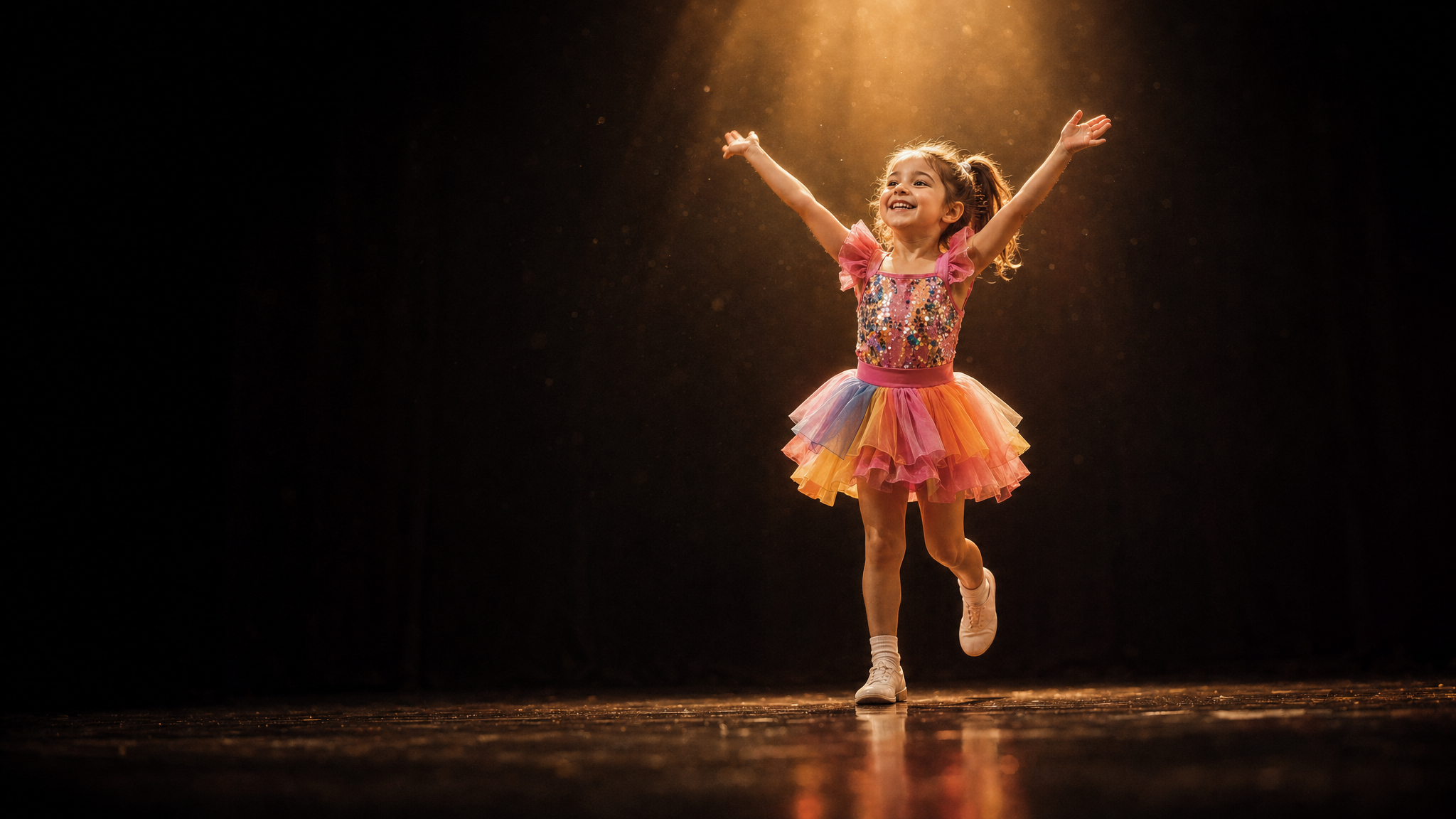 Young dancer joyfully moving in warm-lit dance studio